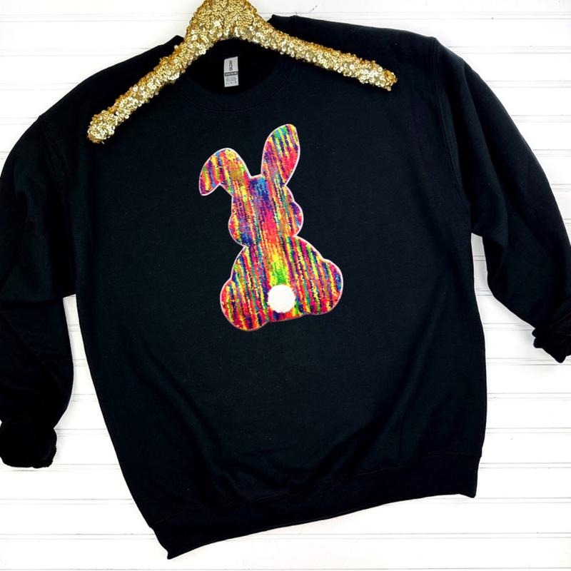 Rainbow Chenille Bunny Patch Sweatshirt -- BLACK T-Shirts, Hoodie | HypeCrazeTee.com