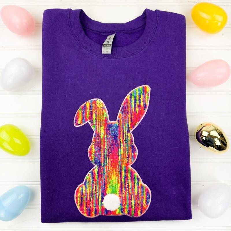 Rainbow Chenille Bunny Patch Sweatshirt -- PURPLE T-Shirts, Hoodie | HypeCrazeTee.com