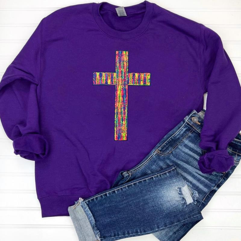 Rainbow Chenille Cross Patch Sweatshirt -- PURPLE T-Shirts, Hoodie | HypeCrazeTee.com