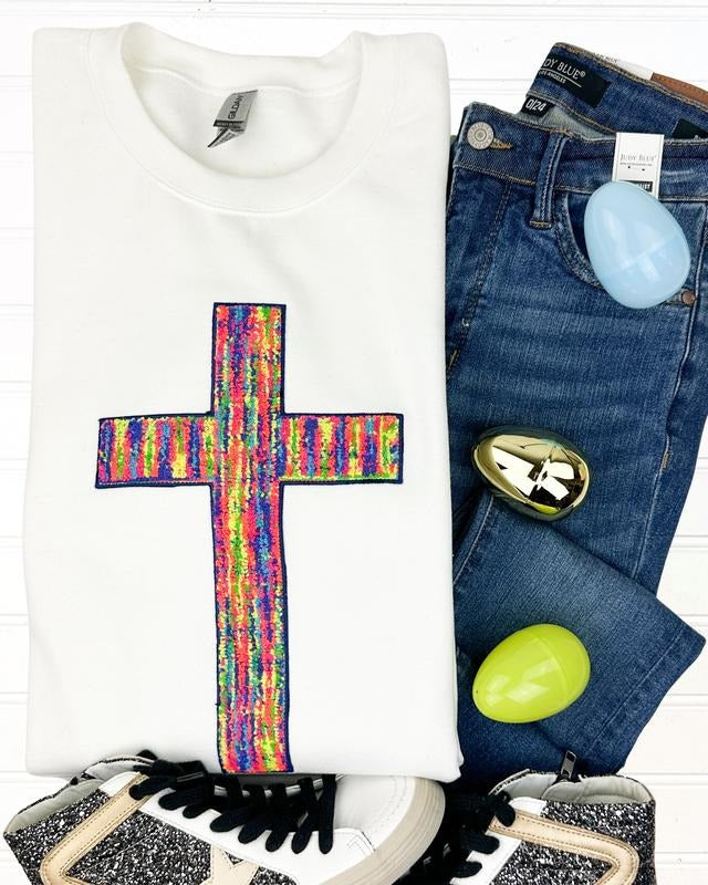 Rainbow Chenille Cross Patch Sweatshirt -- WHITE T-Shirts, Hoodie | HypeCrazeTee.com
