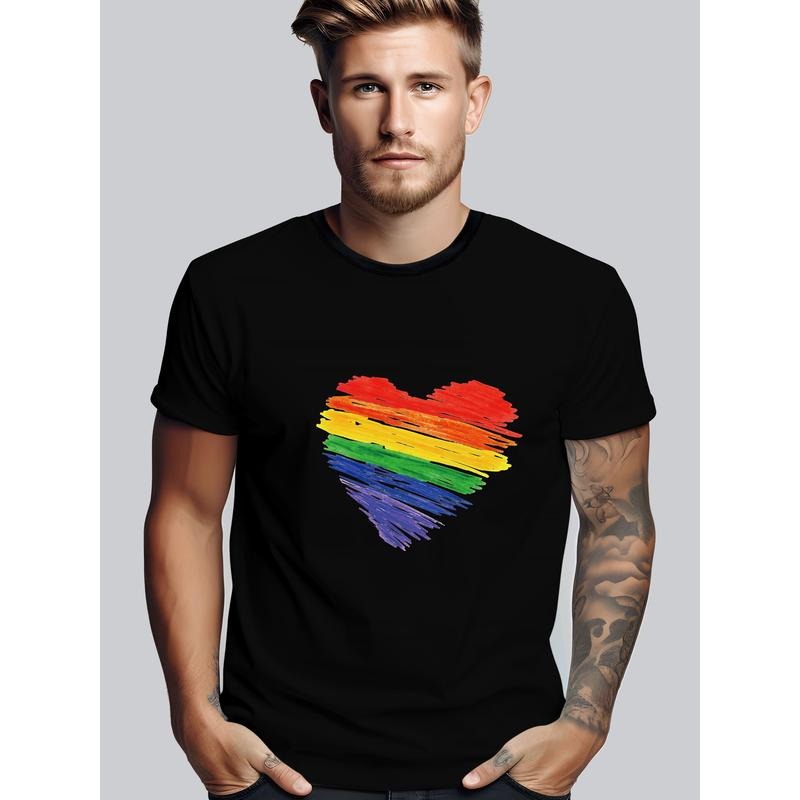 Rainbow Heart Print T Shirt, Tees For Men, Casual Short Sleeve T-shirt For Summer Hoodie, Sweatshirt | HypeCrazeTee.com