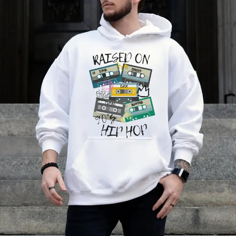 Raised On 90s Hip Hop Hoodie Shirt, Retro Cassette Tape Tshirt, Old School, Oldies Mixtape, Unisex Sweater Pullover Tee...
