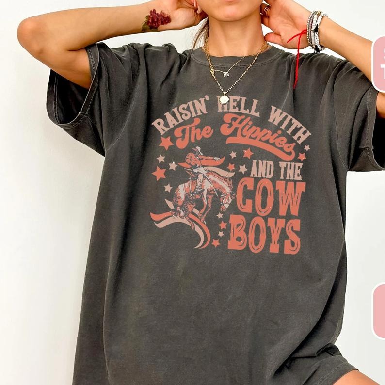 Raisin' Hell With The Hippies, Graphic Tee, Cowboy, Western, Retro Tee Shirt, Country Music, For Women, Vintage,...