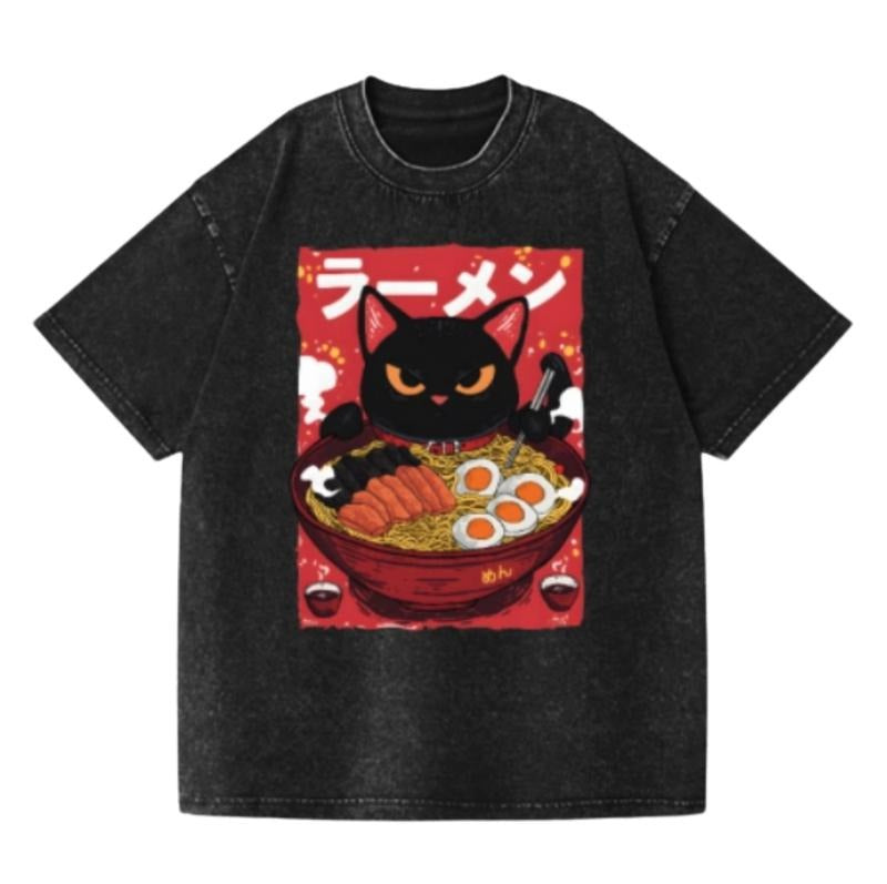 Ramen Black Cat Vintage Wash Japanese Design T-Shirt Hoodie, Sweatshirt | HypeCrazeTee.com