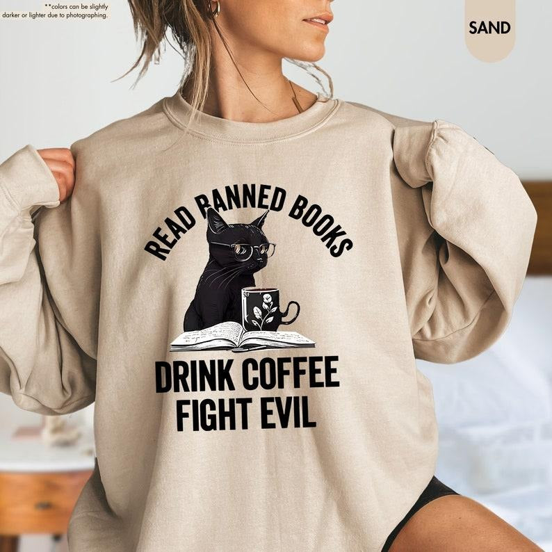 Read Books Drink Coffee Fight Evil Shirt, Bookish Black Cat Shirt,Book And Coffee Shirt,Banned Book Shirt,Book Lover...