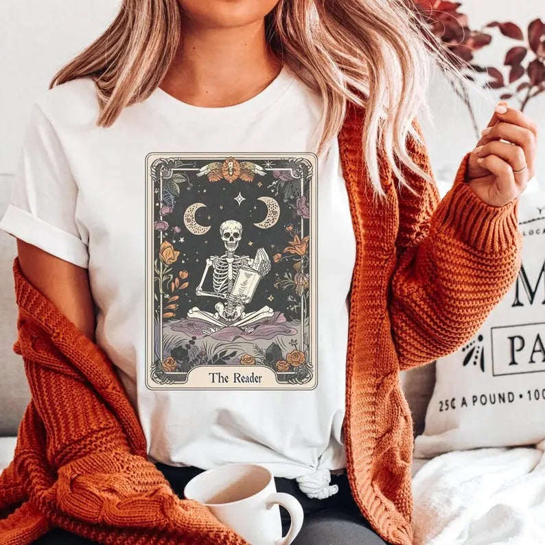 "Reader Tarot Card Shirt, Halloween Shirt, Gothic Reading Skeleton, Great for Writers & Book Lovers, Trendy Halloween...