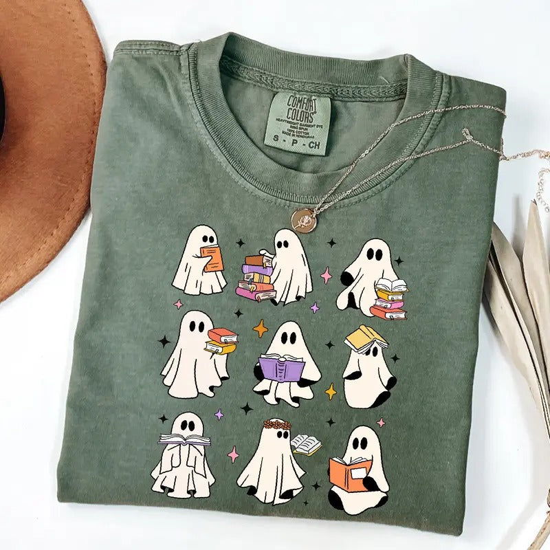 Reading Books Ghost T-Shirt, Books Lover Halloween Shirt Womens Ghost Shirt, Spooky Teacher Shirt, Spooky Season Shirt...