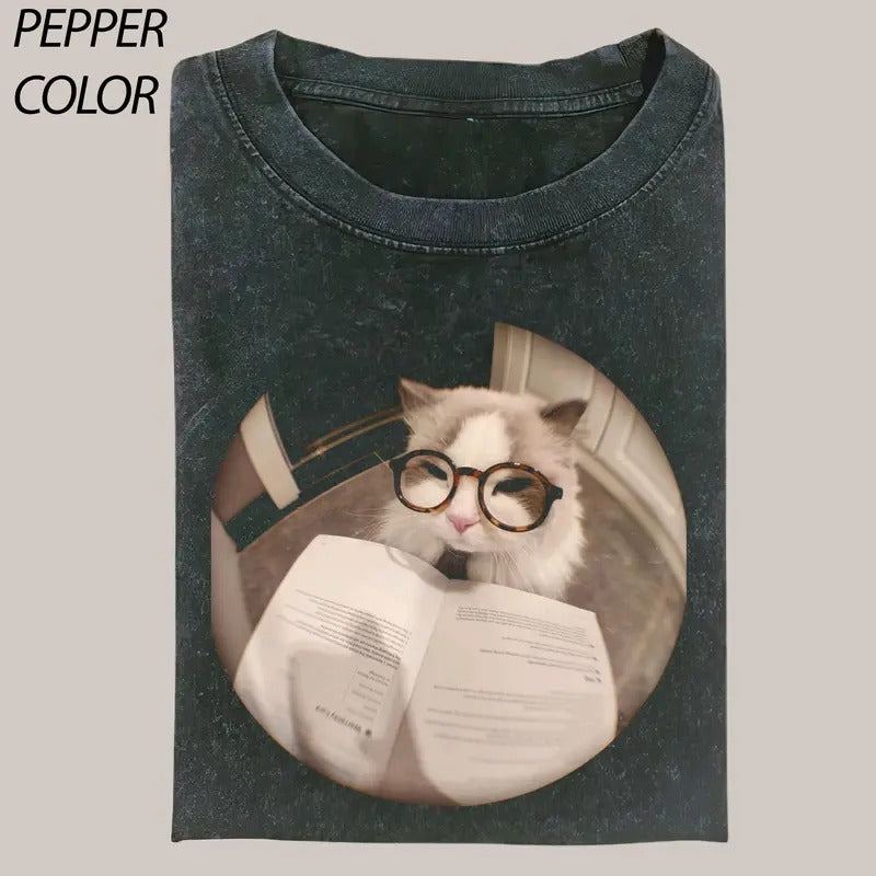 Reading Cat Kitty T-Shirt, Cat Cute Shirt, Cat Love Vintage Graphic Tee, Funny Cat Shirt, Women's T-shirts Streetwear Top...