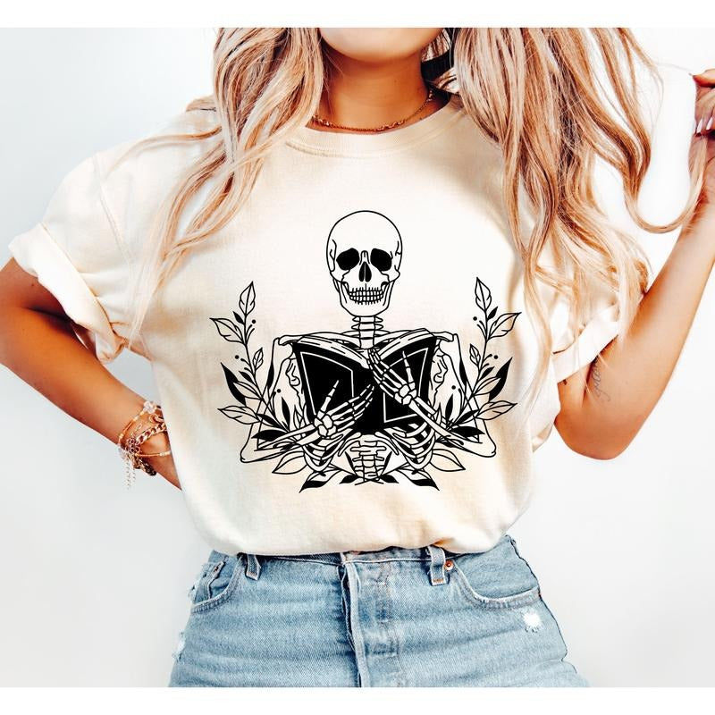 Reading Skeleton, Book Lover, Retro, Aesthetic, Vintage, Comfort Colors Tshirt, Women's Crew Neck, Crewneck Hoodie,...