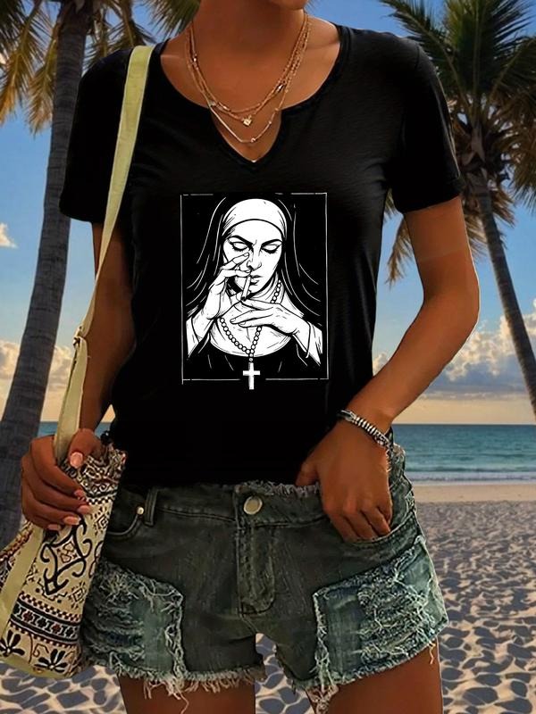 Rebellious and Nun Graphic Tee, Casual Short Sleeve V Neck Summer Top, Trendy Ladies T-Shirt with Cross and Cigarette...