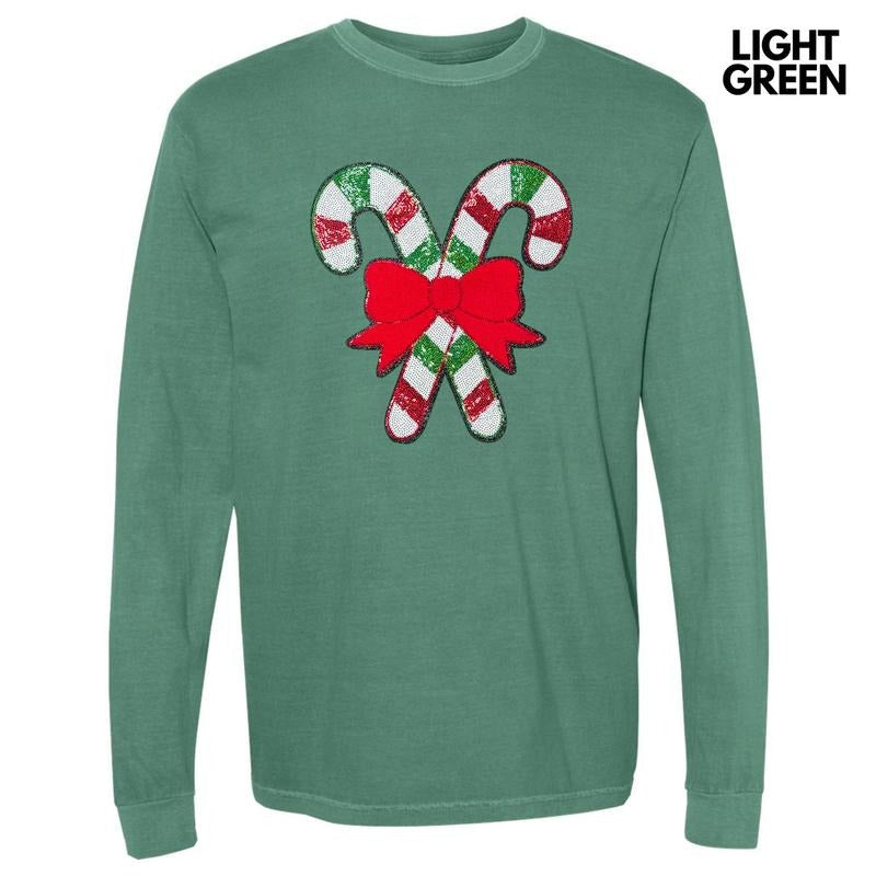 Red & Green Sequin Candy Cane Patch Long Sleeve Comfort Colors T-Shirt Hoodie, Sweatshirt | HypeCrazeTee.com