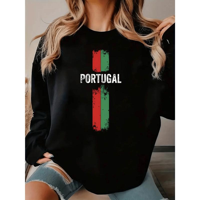 Women's Portugal Flag Graphic Crewneck Sweatshirt - Distressed Lettering & Stripes, Black with Green/Red Accents, Casual...