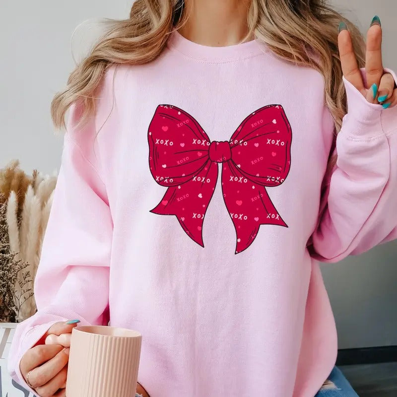 Red Bow XOXO Crewneck Sweatshirt Comfortable Casual Fit T-Shirts, Hoodie | HypeCrazeTee.com