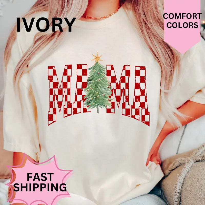 Red Checkered Mama Christmas Tree Shirt, Christmas Mama Shirt, Women's Oversized Christmas Shirt - Festive Printed Design