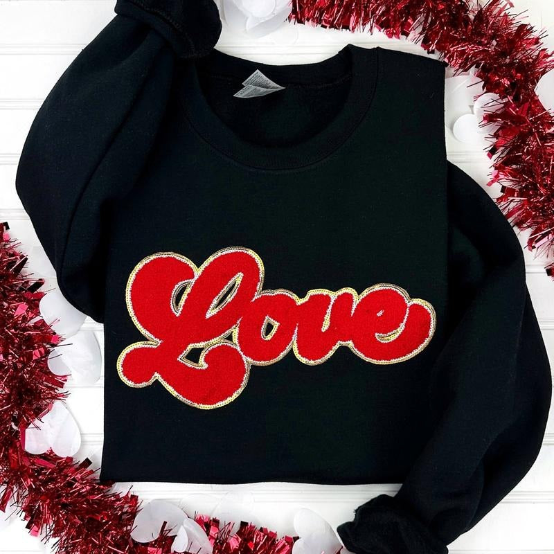 Red Chenille LOVE Patch Sweatshirt T-Shirts, Hoodie | HypeCrazeTee.com