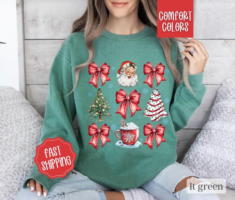 Red Coquette Christmas Sweatshirt Comfort Colors, Holiday Sweater Womenswear Crewneck T-Shirts, Hoodie | HypeCrazeTee.com