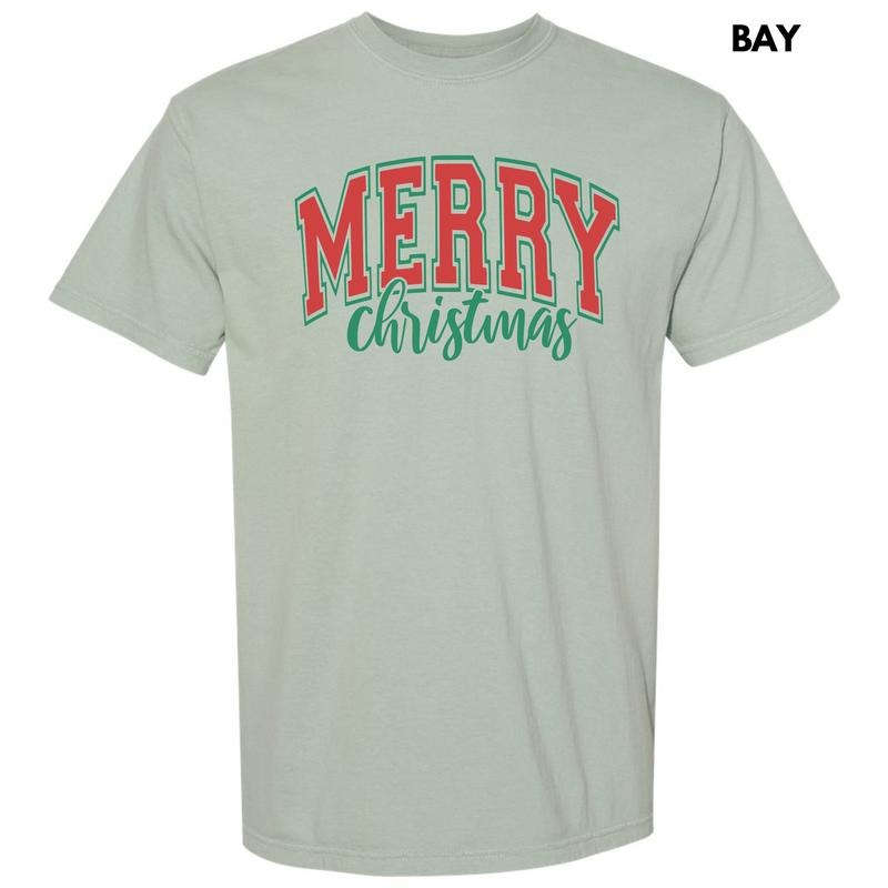Red Cursive Varsity Merry Christmas Comfort Colors T-Shirt 'NLB' Hoodie, Sweatshirt | HypeCrazeTee.com