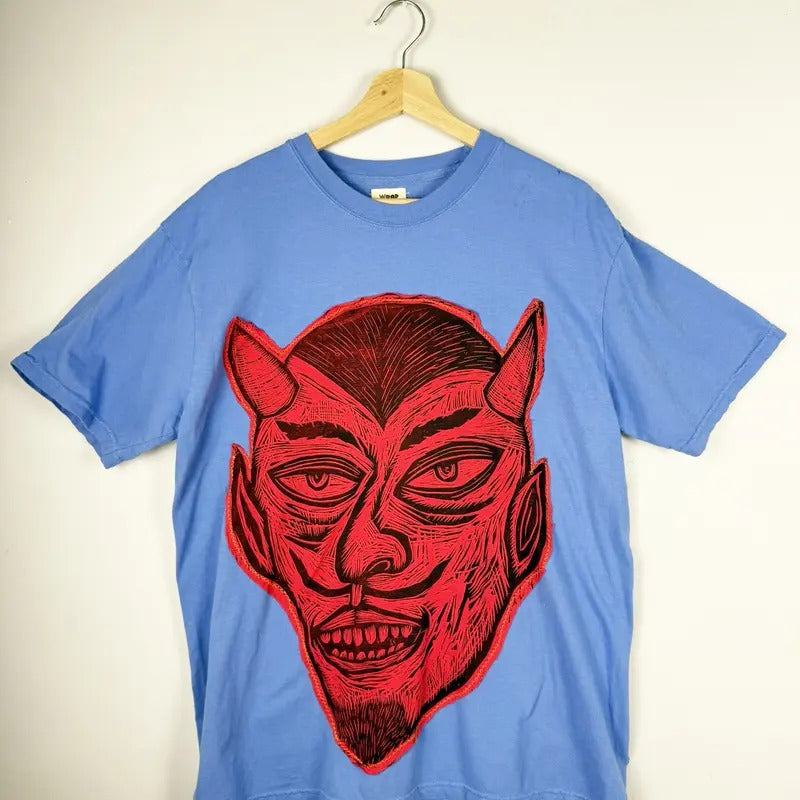 Red Devil  Hand printed Woodcut Appliqued T Shirt Cotton Menswear apparel graphic  tees Loose Top Hoodie, Sweatshirt