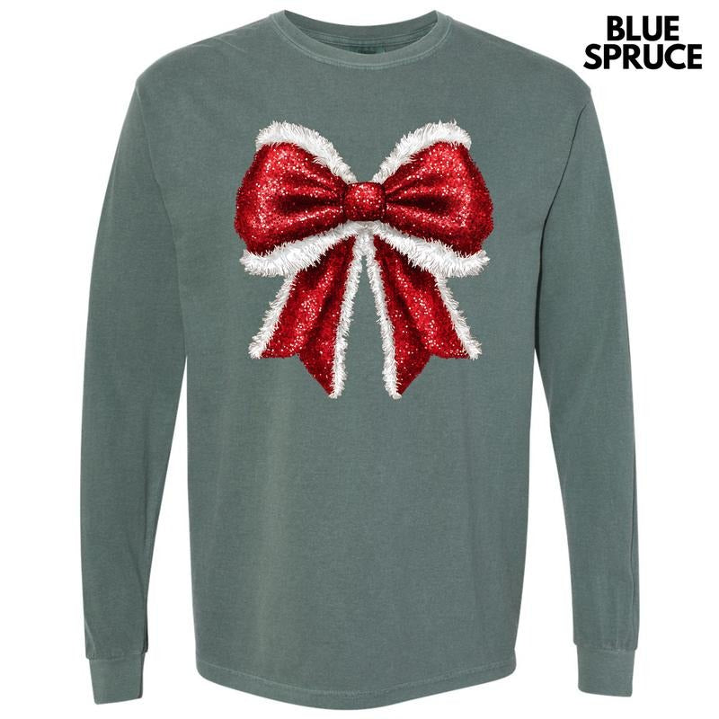 Red FAKE Glitter & Fur Bow Long Sleeve Comfort Colors T-Shirt 'NLB' Hoodie, Sweatshirt | HypeCrazeTee.com