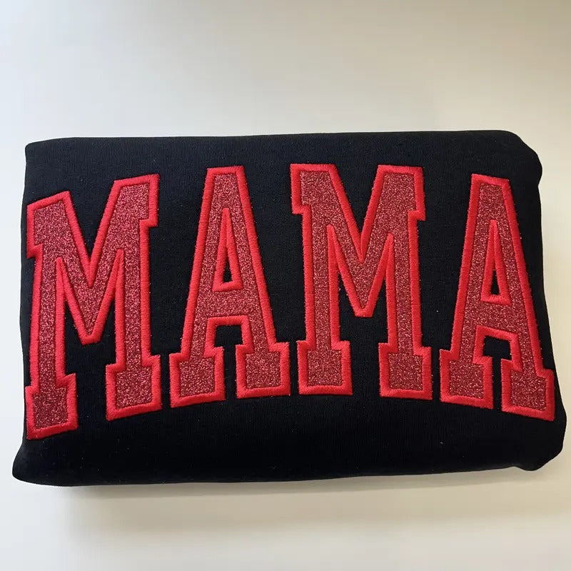 Red Glitter Black Sweater | Embroidered MAMA Sweatshirt | Red HTV Design | Cozy Custom Mom Sweater T-Shirts, Hoodie