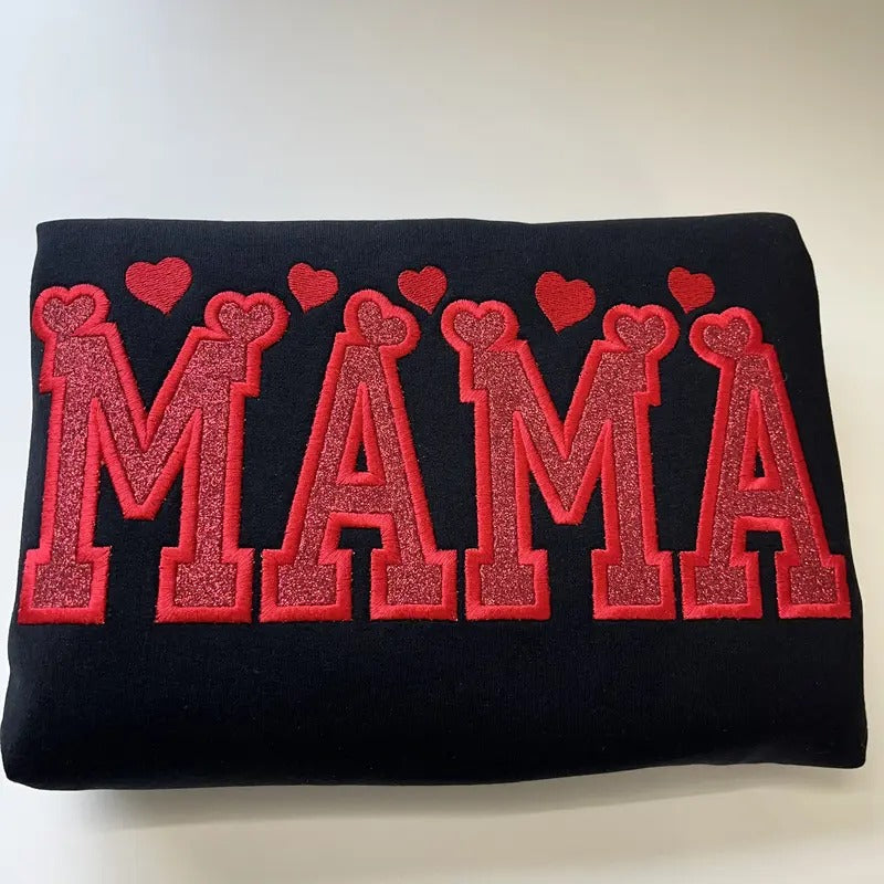 Red Glitter Hearts Black Sweater MAMA Embroidered Sweatshirt | Red HTV & Heart Design | Cozy & Trendy Mom Sweatshirt...