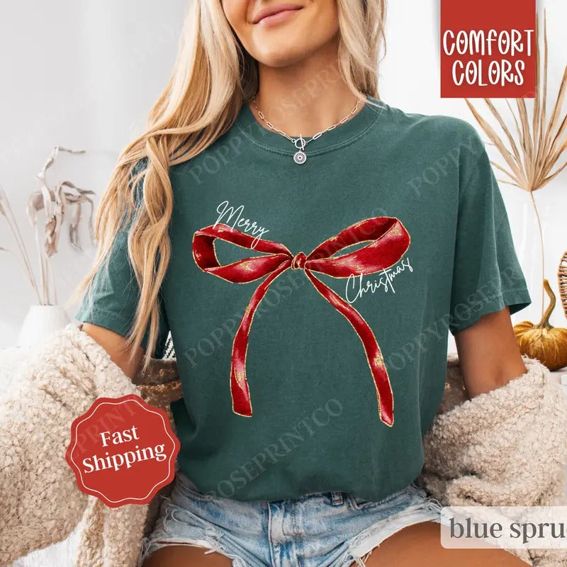 Red Merry Christmas Bow Shirt, Coquette Christmas Bow Tee, Women's Holiday Tshirt Hoodie, Sweatshirt | HypeCrazeTee.com
