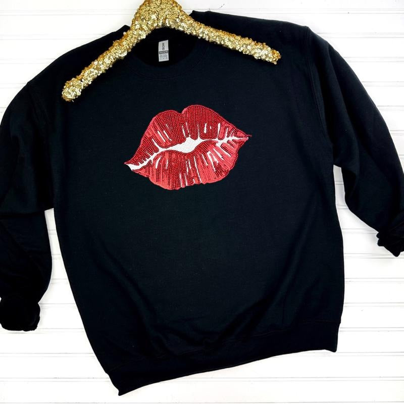 Red Sequin Lips Patch Sweatshirt -- BLACK T-Shirts, Hoodie | HypeCrazeTee.com