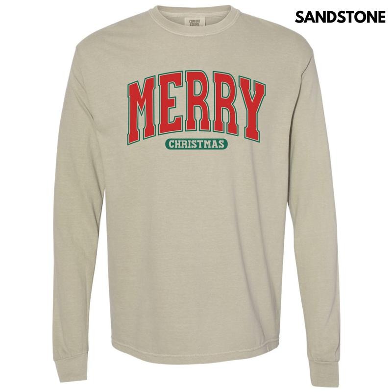 Red Varsity Merry Christmas Long Sleeve Comfort Colors T-Shirt 'NLB' Hoodie, Sweatshirt | HypeCrazeTee.com