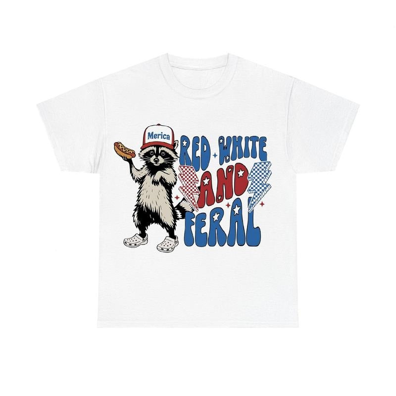 Red White And Feral  Funny Raccoon Shirt, Trendy 4th Of July Tee Hoodie, Sweatshirt | HypeCrazeTee.com