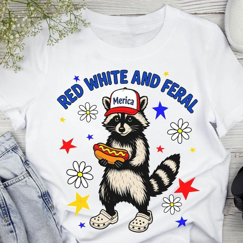 Red White And Feral 4th Of July Unisex Tee, Funny Raccoon Hot Dog Shirt, Feral USA Independence Day Gift, Unisex Style...