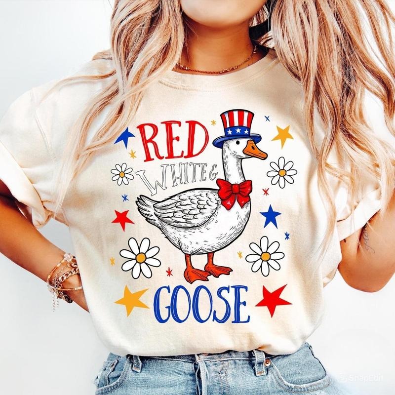Red White And Goose Funny 4th of July Shirt, Boho Patriotic Floral Fourth of July Tee, Retro Cute American Goose Girly...