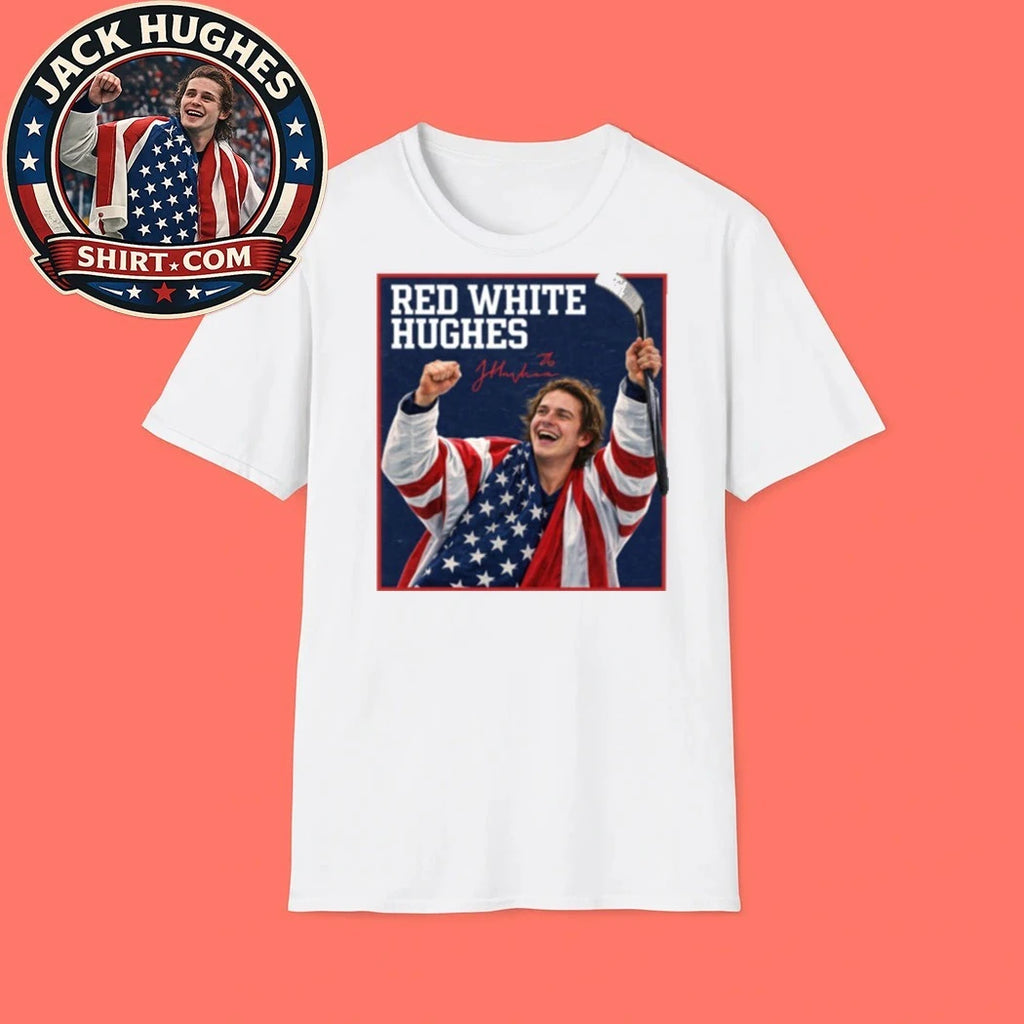 Red White Hughes Jack Hughes American Hockey Player Fan Graphic T-Shirt