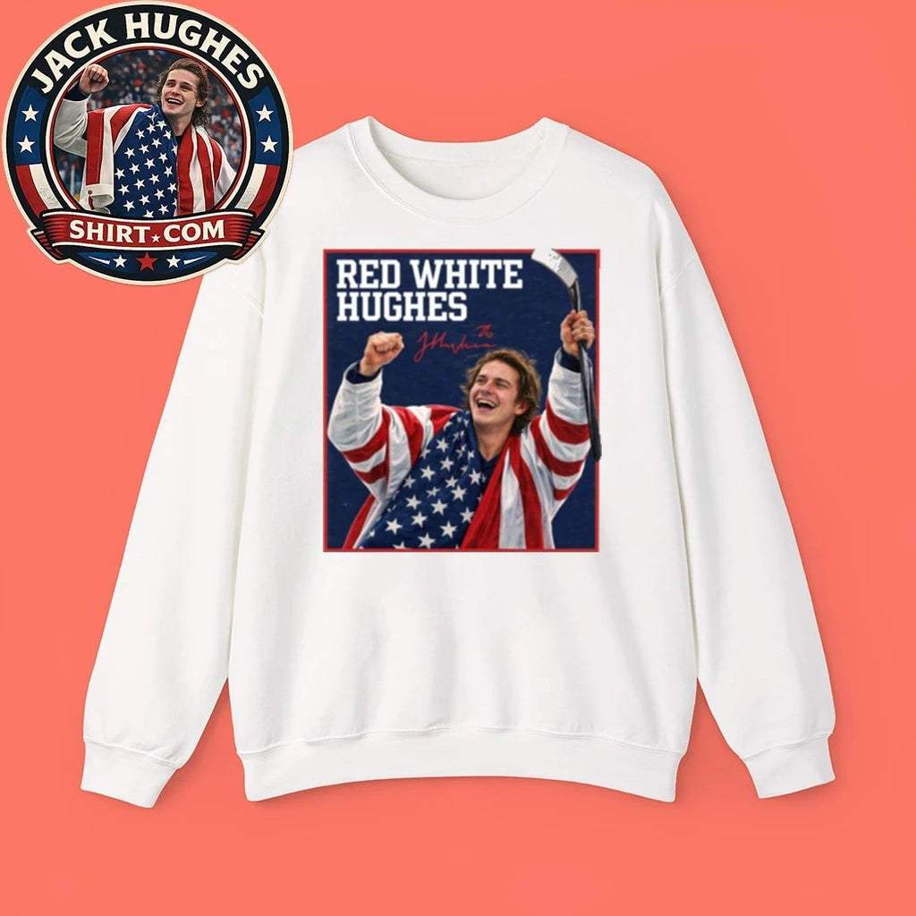 Red White Hughes Jack Hughes American Hockey Player Fan Graphic T-Shirt