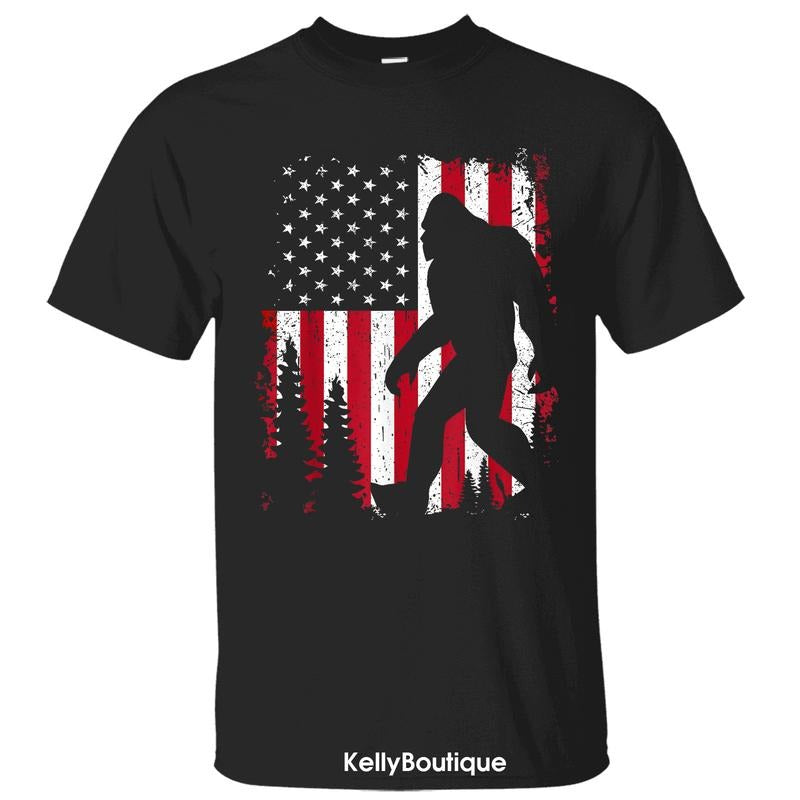 Red White and Bigfoot 4th of July American USA Flag T-Shirt, Gift for Sasquatch Lovers, Independence Day July Patriotic...