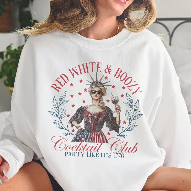 Red White and Boozy USA Sweatshirt Red White and Boozy Lady Liberty Pullover USA Cocktail Club Sweatshirt Funny Patriotic...