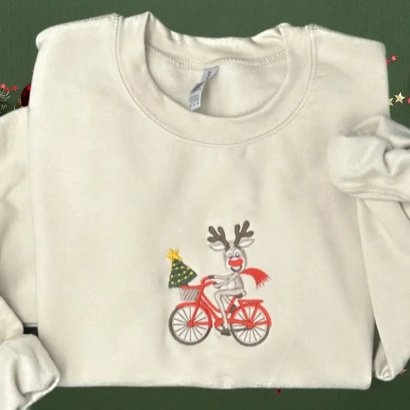 Reindeer on a bike embroidered Crewneck Sweatshirt T-Shirts, Hoodie | HypeCrazeTee.com
