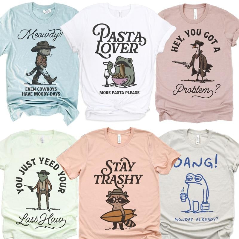 Relatable Animal Tshirts Funny Animal Tees Stay Trashy Racoon Top Pasta Lover Frog T-Shirts Cowboy Cat Top Monday Blues...