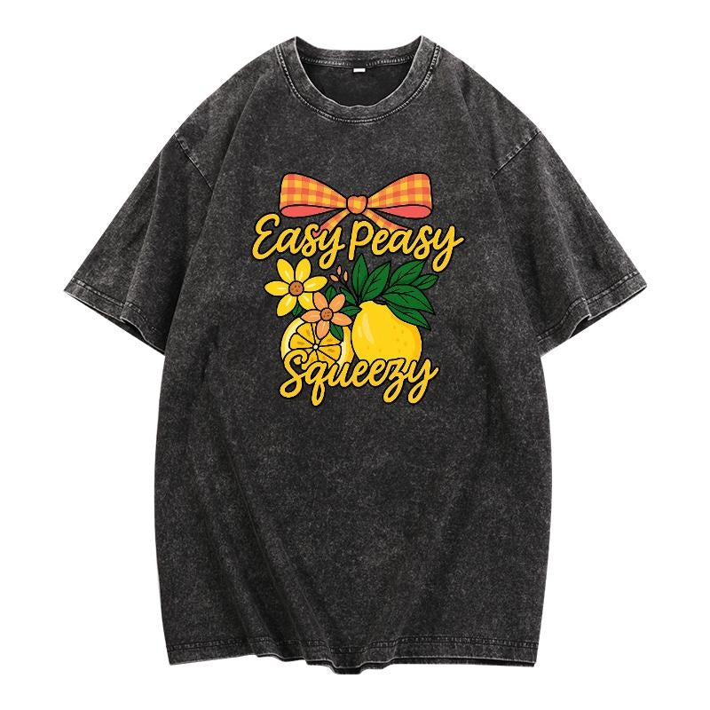 Retro - Washed T - Shirt with "Easy Peasy Squeezy" Slogan and Citrus - Floral Design Hoodie, Sweatshirt | HypeCrazeTee.com