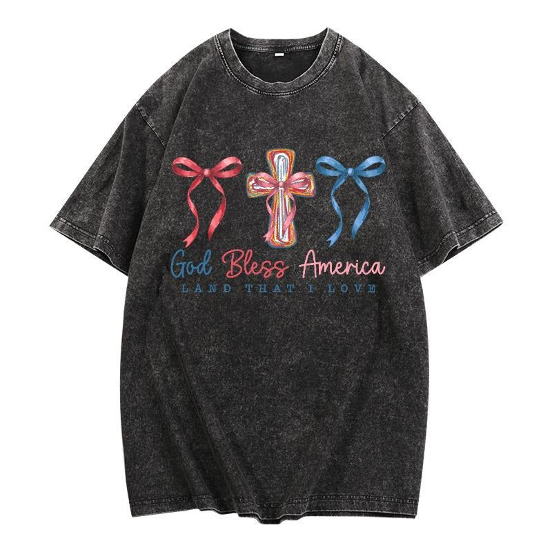 Retro - inspired Washed T - Shirt: 'God Bless America'