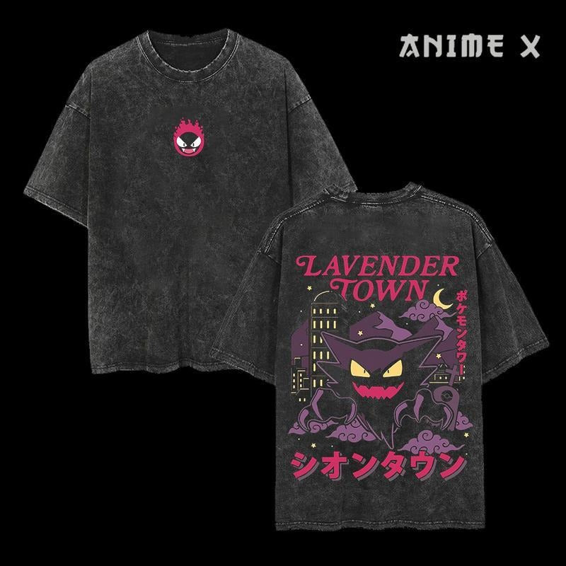 Retro 90s Gengar Ghost Lavender Town Legend Anime Vintage  Washed Tee Unisex Oversize Anime Manga Washed Heavyweight...
