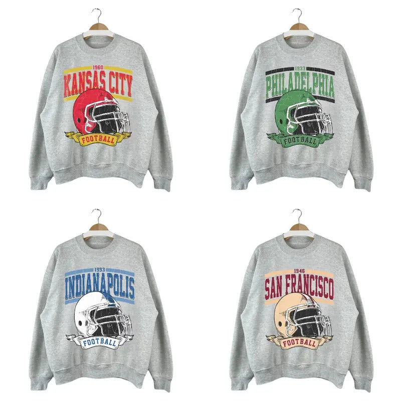Retro All Team Football Sweatshirt, Game Day Apparel Football Fan Sport in Ash Grey T-Shirts, Hoodie | HypeCrazeTee.com
