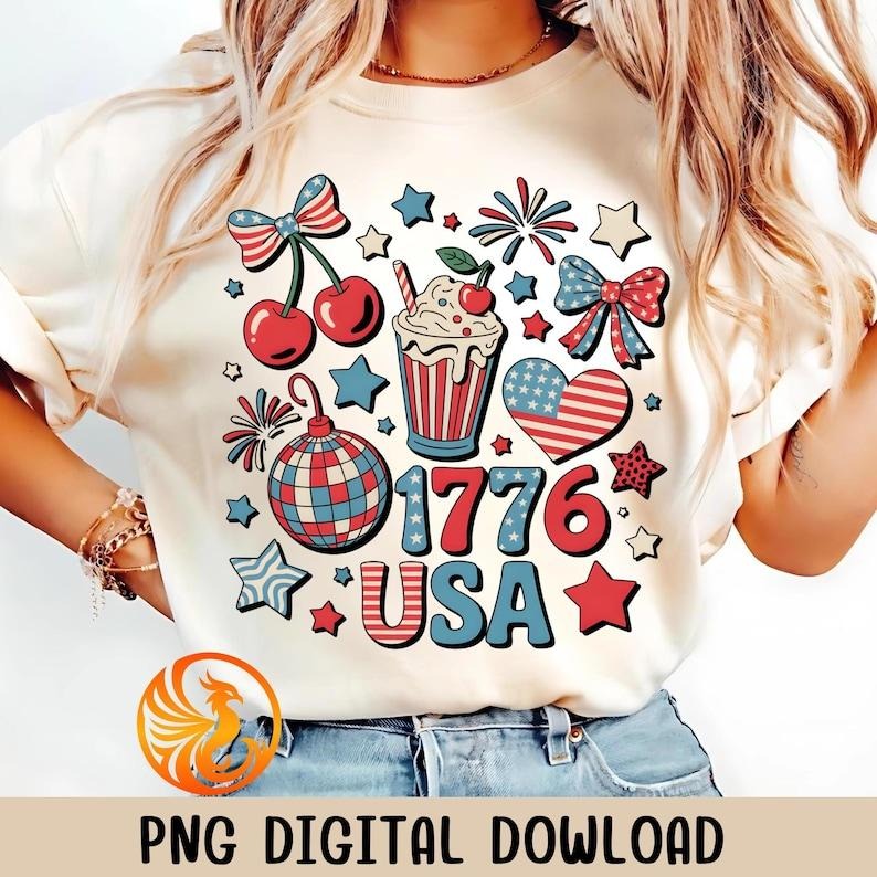 Retro America Coquette Preppy USA Brushstroke Memorial Day 1776 Patriotic Girl T-Shirts, Hoodie, Sweatshirt