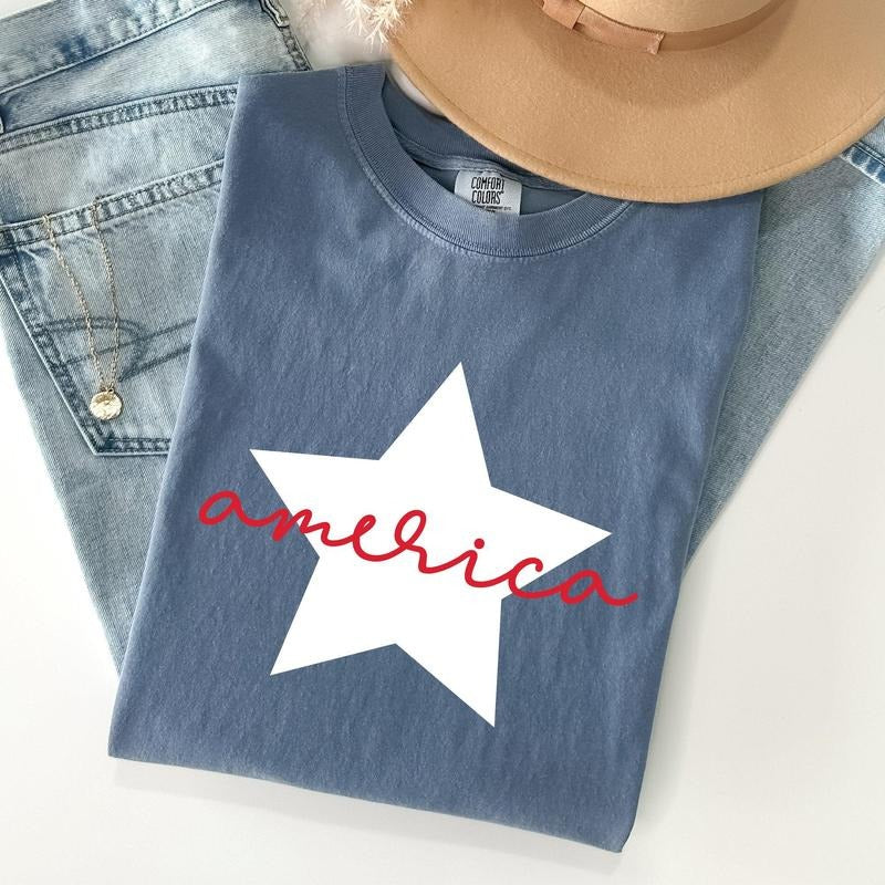 Retro America Star, Red White Blue, 4th of July Tshirt, Women's Crew Neck, Crewneck Hoodie, Sweatshirt | HypeCrazeTee.com
