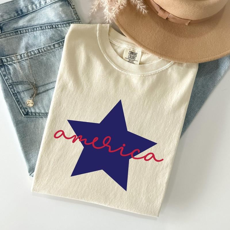 Retro America Star, Red White Blue, Patriotic, Tshirt, Women's Crew Neck, Crewneck Hoodie, Sweatshirt | HypeCrazeTee.com