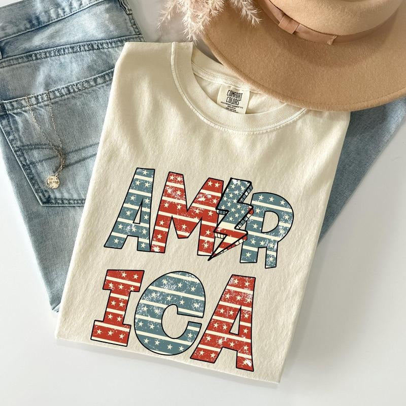 Retro America, Patriotic, 4th of July Comfort Colors Tshirt, Women's Crew Neck, Crewneck Hoodie, Sweatshirt