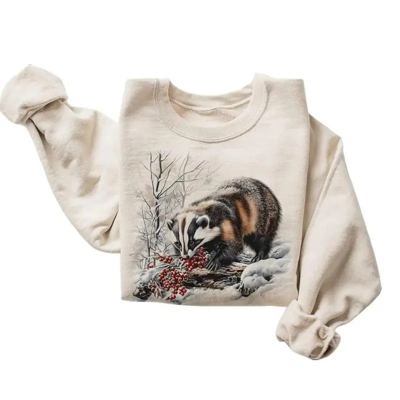 Retro American Badger Winter Scene Sweatshirt - Nineties 90s Vintage Badger Eating Red Berries Outfit Boho Unisex...