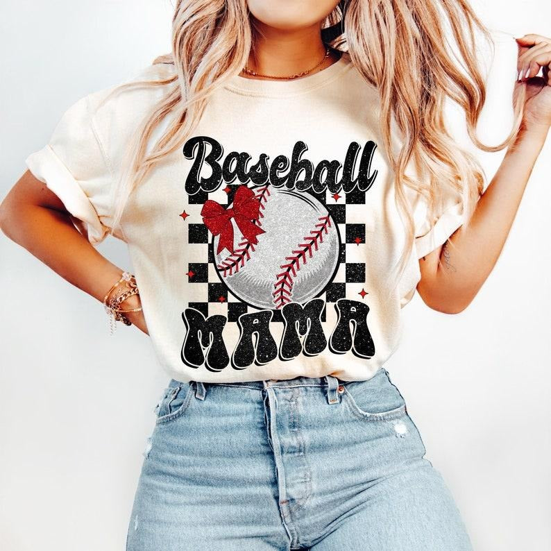 Retro Baseball Mama, Baseball Coquette, Game Day, Checkered Baseball Bow T-shirt Hoodie, Sweatshirt | HypeCrazeTee.com