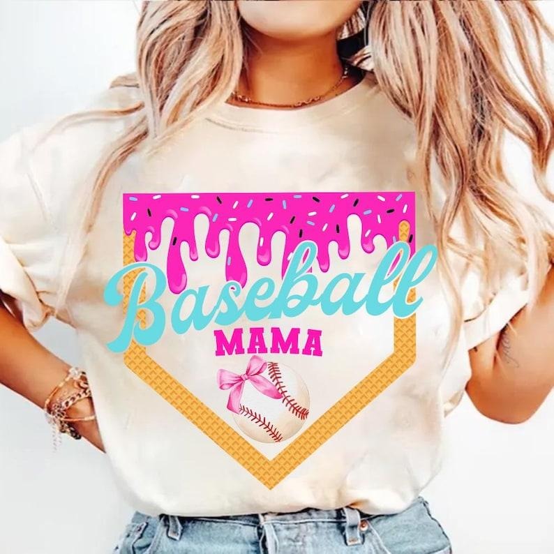 Retro Baseball Mom Shirt, Dripping Ice Cream Design, Fun Game Day Tee Hoodie, Sweatshirt | HypeCrazeTee.com