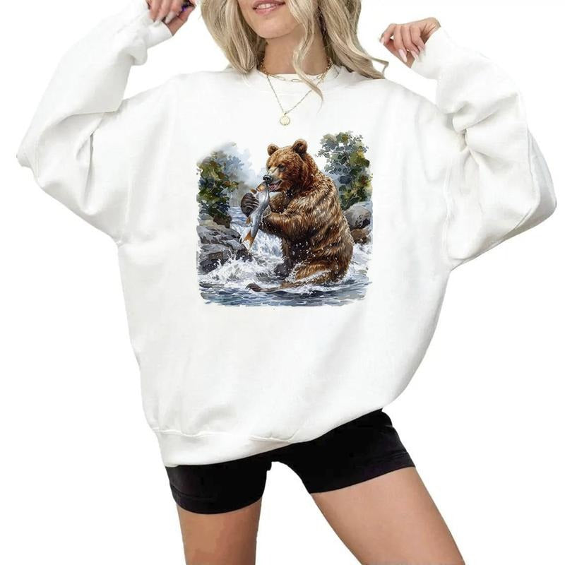 Retro Bear River Fishing Hunting Swimming Bear Hunting Season Forest Unisex Hoodie Sweatshirts Hunting Season and...