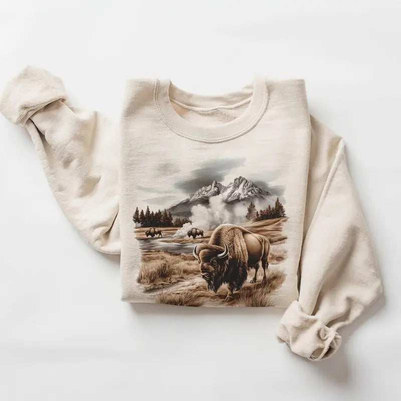 Retro Bison Roaming A Geyser Basin Sweatshirt - 90s Bull Buffalo Mountain Wilderness Scene - Boho Unisex Cotton T-Shirts,...